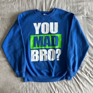 “You Mad Bro?”-comfy men’s classic blue white & neon green Gildan sweatshirt (L)
